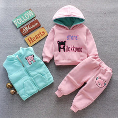 Showlu Fashion Store Pink 3 / 6-12M Autumn Winter Baby Boys Clothes Sets Thick Fleece Cartoon Bear Jacket Vest Pants 3Pcs Cotton Sport Suit For Girls Warm Outfits