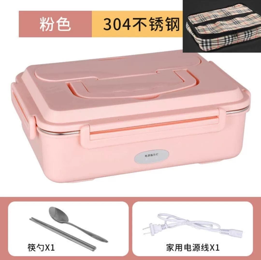  Showlu Fashion Store Pink 3-compartment tableware + household + bag No Water Injection Electric Lunch Box Plug-in Electric Heating Car Lunch Box 304 Multi-Functional Fabulous Dishes Heating up Appliance Convenient Meal Box