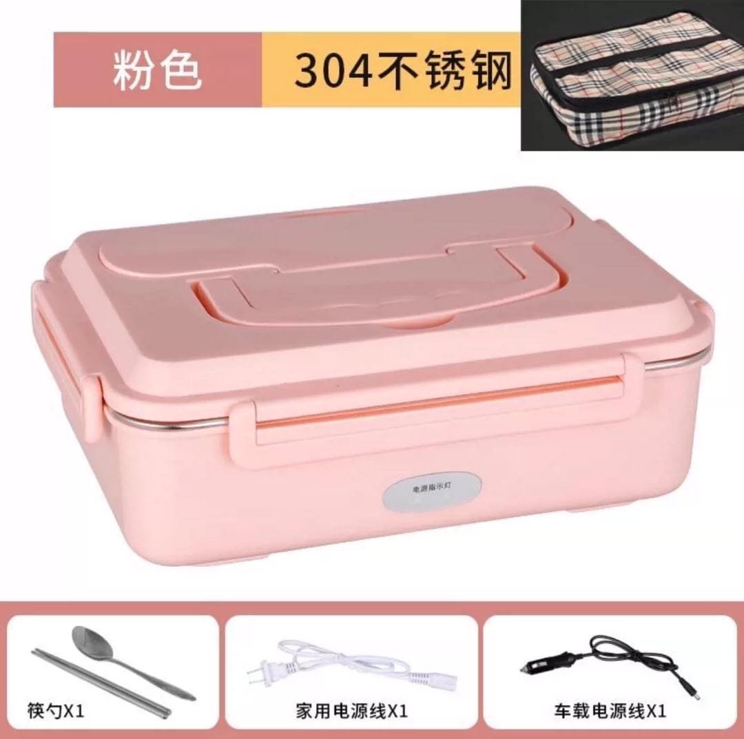  Showlu Fashion Store Pink 3-compartment tableware + household + car + bag No Water Injection Electric Lunch Box Plug-in Electric Heating Car Lunch Box 304 Multi-Functional Fabulous Dishes Heating up Appliance Convenient Meal Box