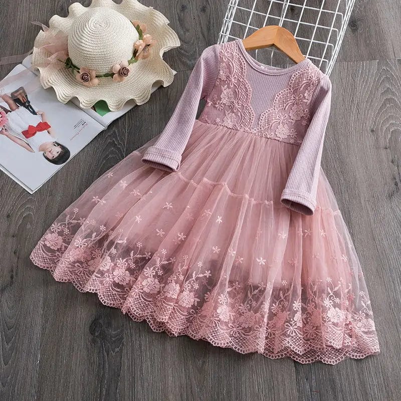  Showlu Fashion Store Pink / 3T Kids Dresses For Girls Flower Lace Tulle Dress Wedding Little Girl Ceremony Party Birthday Dress Children Autumn Casual Clothing