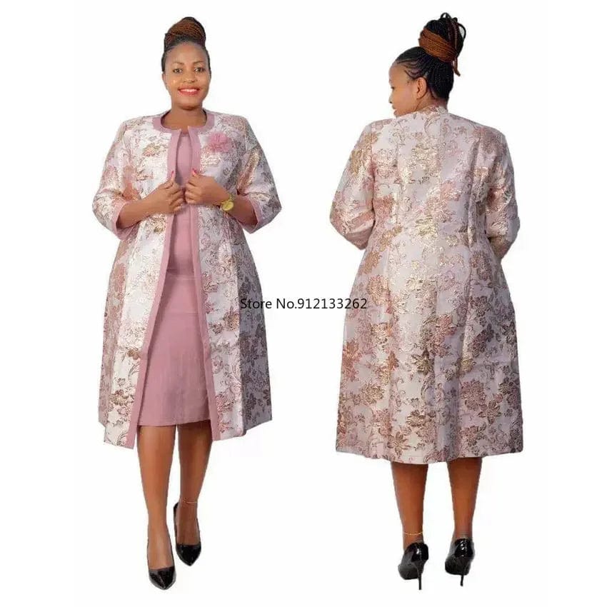 SHOWLU FASHION STORE Pink / 3XL 2 Piece Set African Dresses For Women Coat And Office Lady Dress 2024 Autumn Winter New Bazin Riche Traditional Africa Clothing