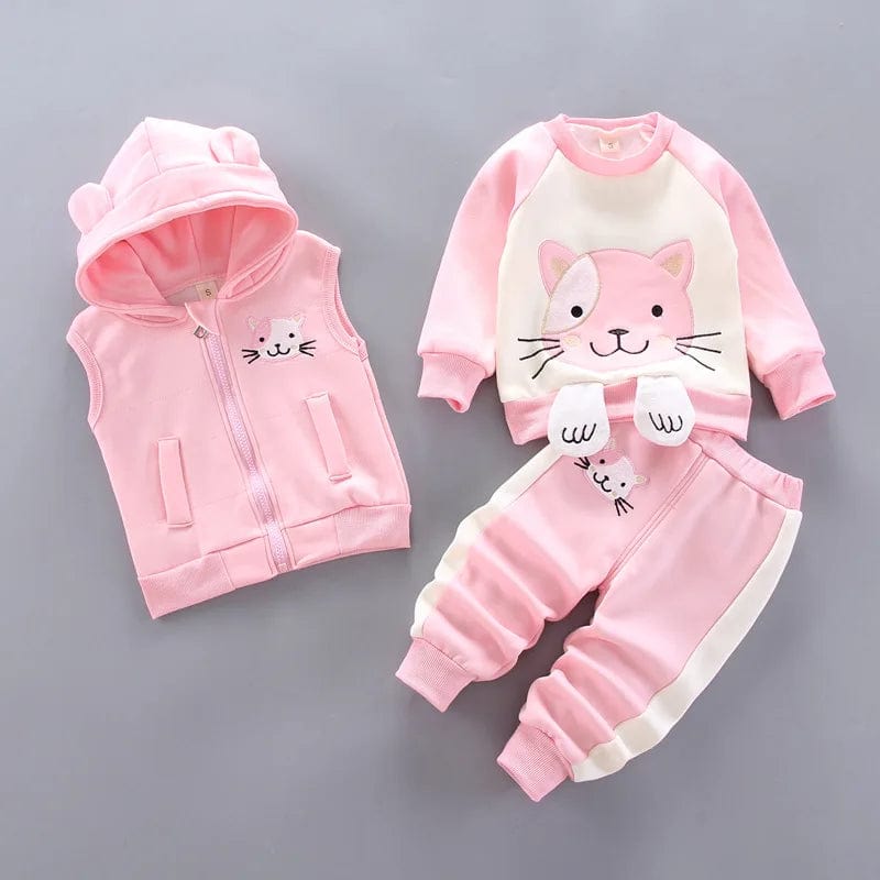 Showlu Fashion Store Pink 4 / 6-12M Autumn Winter Baby Boys Clothes Sets Thick Fleece Cartoon Bear Jacket Vest Pants 3Pcs Cotton Sport Suit For Girls Warm Outfits