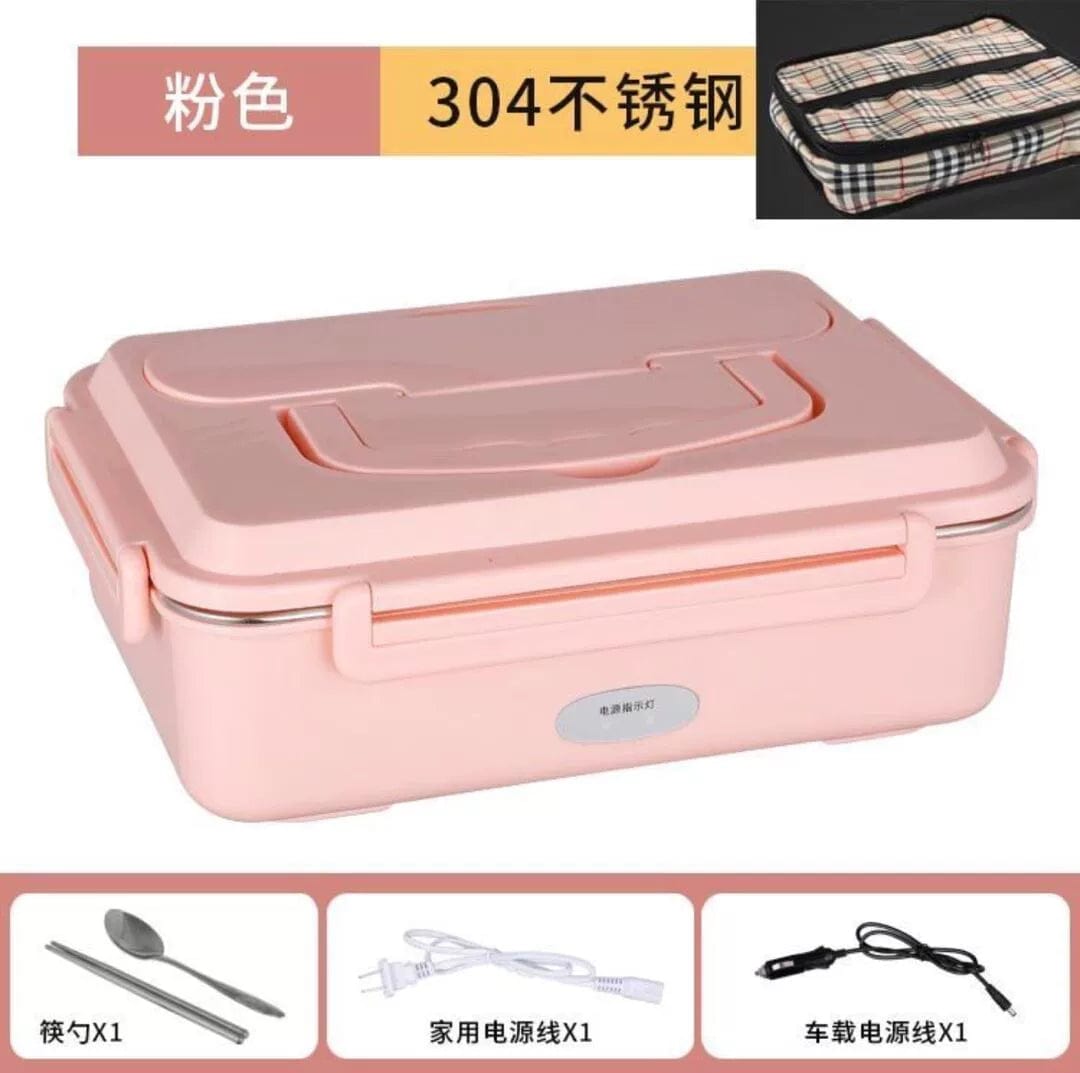  Showlu Fashion Store Pink 4-compartment tableware + household + car + bag No Water Injection Electric Lunch Box Plug-in Electric Heating Car Lunch Box 304 Multi-Functional Fabulous Dishes Heating up Appliance Convenient Meal Box