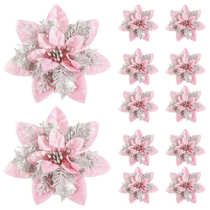 Showlu Fashion Store Pink 5pcs Glitter Pink Christmas Flowers Xmas Tree 14cm Artifical Flower Ornaments 2023 Merry Christmas Decoration For Home New Year