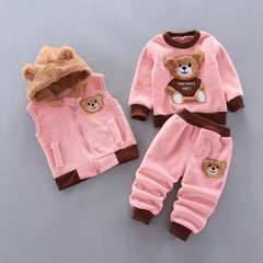 Showlu Fashion Store Pink / 6-12M Autumn Winter Baby Boys Clothes Sets Thick Fleece Cartoon Bear Jacket Vest Pants 3Pcs Cotton Sport Suit For Girls Warm Outfits