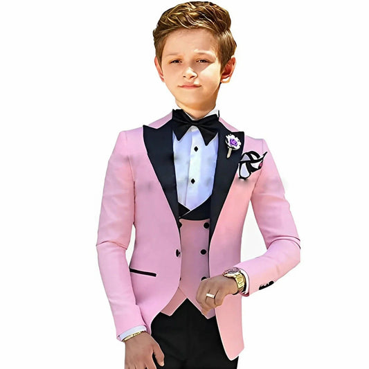  Showlu Fashion Store pink / 6T Formal Pink Boys Suit Jacket Pants Vest 3 Piece Wedding Tuxedo for Kids Peaked Lapel Blazer Set Fashion Clothes Child