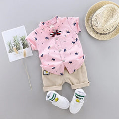  Showlu Fashion Store Pink / 9-12M IENENS Summer Baby Boys Clothes Clothing Sets Kids Short Sleeve Shirt + Shorts Outfits 1 2 3 4 Years Child Bow Tie Shirts Suits