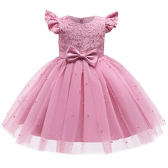 Showlu Fashion Store pink / 9M Toddler Girl Blue Beaded Tutu Gown 1-5 Years Baby Girl Birthday Party Dress Little Girl V-Back Bow Tulle Clothes Infant Costume