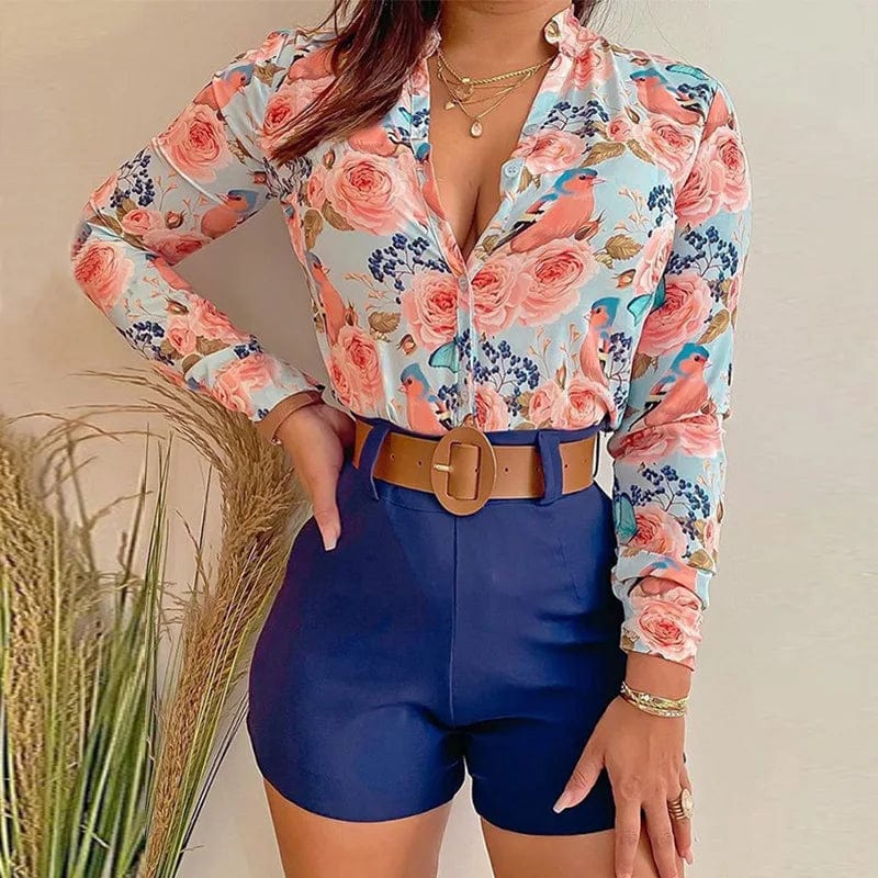 SHOWLU FASHION STORE Pink A / XXL Women's Shorts Suit Summer Fashion Sexy V Neck Long Sleeve Shirts Slim Wear A Belt Elegant Female Blouse Office Two Piece Set