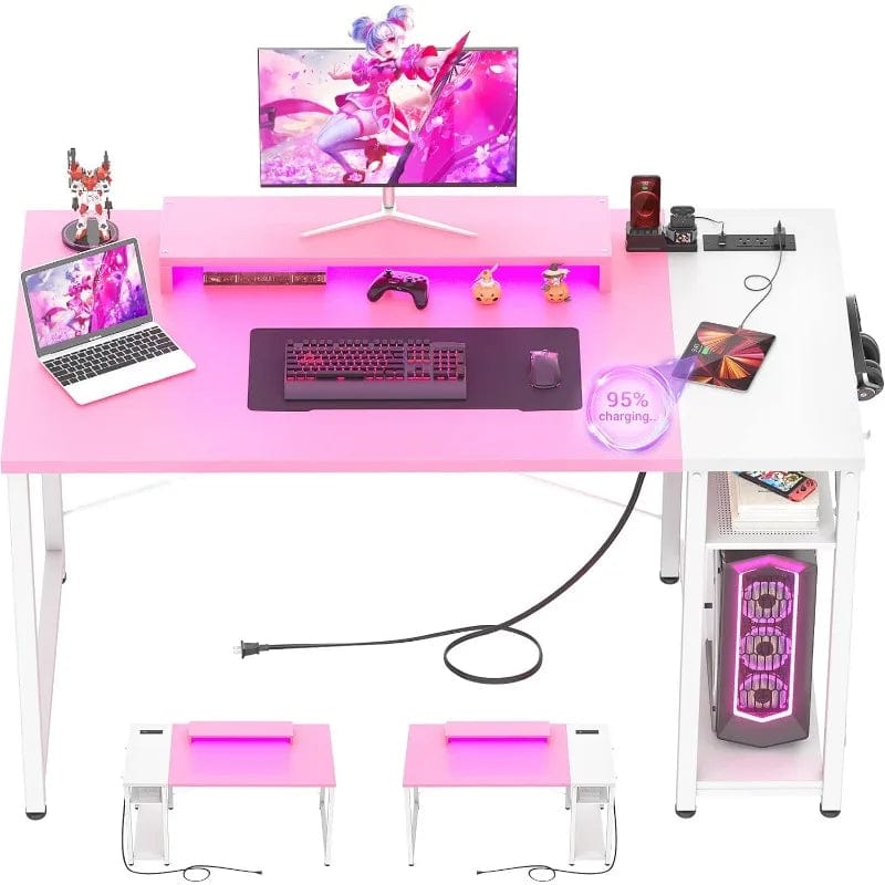 SHOWLU FASHION STORE Pink And White / United States Computer Desk with LED Lights, 47 Gaming Desk with Power Outlet and USB, Reversible Laptop Table with Moveable Monitor