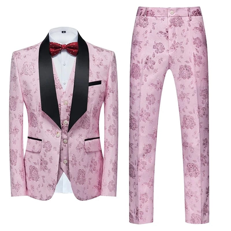 SHOWLU FASHION STORE Pink / Asian M is Eur XS (Jacket+Vest+Pant) Men Business Casual Slim Fit Suits 3 Pieces Sets Fashion Flower Printed Tuxedo Wedding Formal Dress Blazers