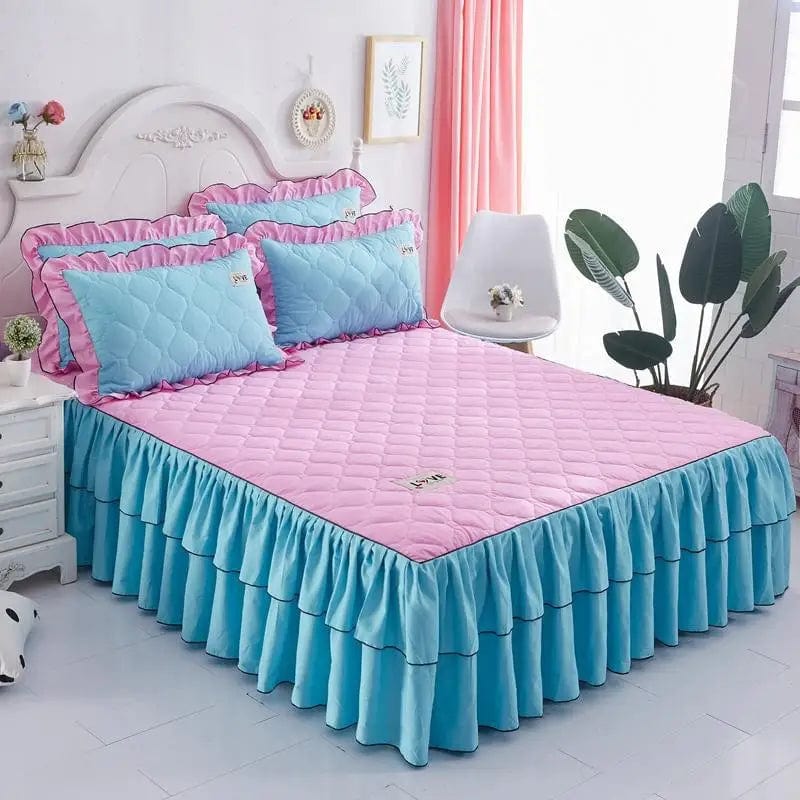  Showlu Fashion Store pink blue / 3PCS 120x200cm Solid Color Elastic Thickened Velvet Bunk Mattress Protective Cover Bedding Non-Slip Breathable King Skirt Individual Pillowcase