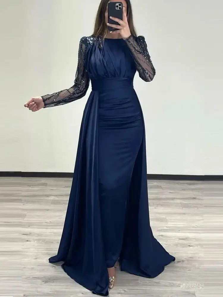 SHOWLU FASHION STORE Pink / CHINA / 8 Navy Blue Elegant Long Sleeves Mermaid Sequined Evening Gowns Satin Saudi Arabic Party Dress Prom Dresse Robe De Soirée 2024