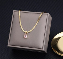  Showlu Fashion Store pink / CHINA Vintage Rust Steel Zircon Necklace Flat Snake Bone Chain Blade Chain Square Emerald Pendant Necklace Women Dropshipping