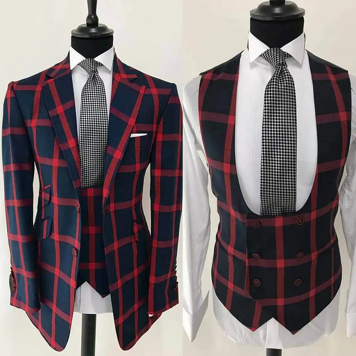 SHOWLU FASHION STORE Pink / Custom size / CHINA Plaid Men Wedding Suits Notched Lapel Tuxedos Slim Fit 2 Pcs Jacket Vest For Groom Business Party Prom Custom Made