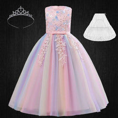  Showlu Fashion Store Pink Dress 1 / (3-4)T Formal Occasion Young Girl Tassel Rainbow Floral Long Elegant Bridesmaid Dresses Children's Graduation Party Ceremony Costumes