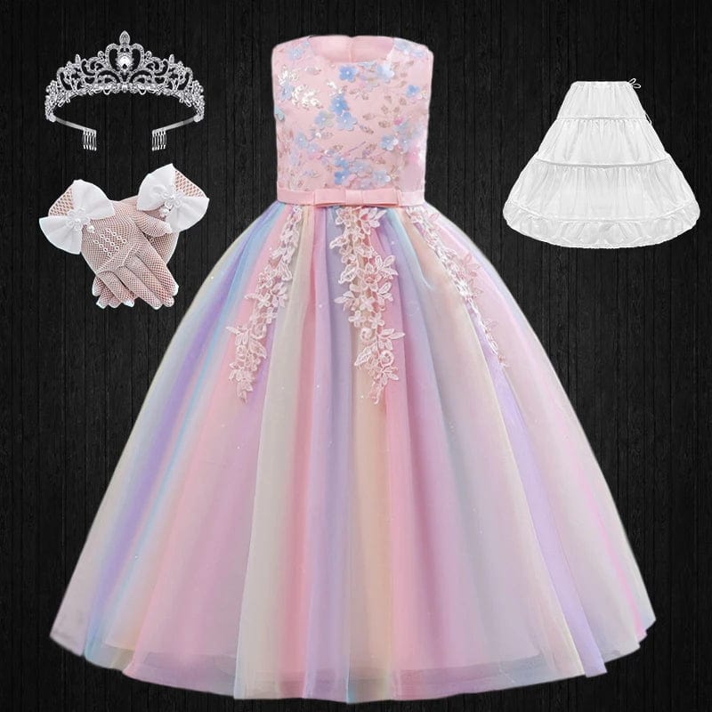  Showlu Fashion Store Pink Dress 2 / (3-4)T Formal Occasion Young Girl Tassel Rainbow Floral Long Elegant Bridesmaid Dresses Children's Graduation Party Ceremony Costumes