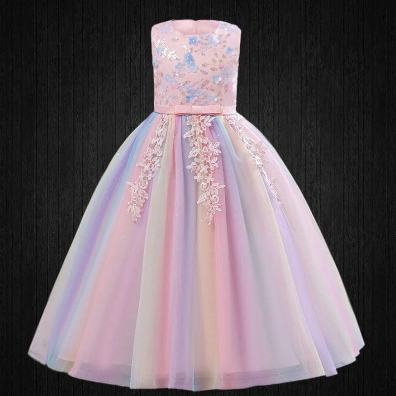  Showlu Fashion Store Pink  Dress / (3-4)T Formal Occasion Young Girl Tassel Rainbow Floral Long Elegant Bridesmaid Dresses Children's Graduation Party Ceremony Costumes