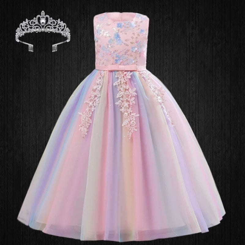  Showlu Fashion Store Pink Dress / (3-4)T Formal Occasion Young Girl Tassel Rainbow Floral Long Elegant Bridesmaid Dresses Children's Graduation Party Ceremony Costumes