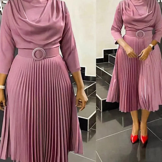 SHOWLU FASHION STORE Pink Dress / XL Elegant Office Dress Pleated for Women Professional Round Neck Full Sleeve Belt Waisted Mid Calf Formal Business Work Dress New