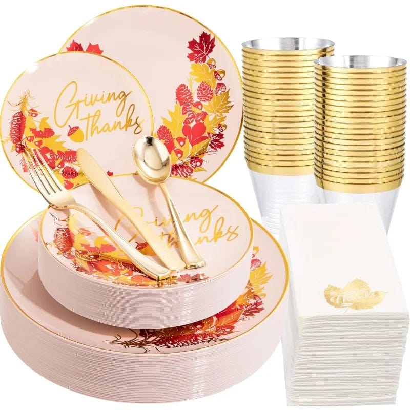 Showlu Fashion Store Pink Gold / United States 175PCS Solid Gold Plastic Plates with Gold Rim，Disposable Silverware Include25 Dinner Plates,25 Dessert Plates, 25 Forks