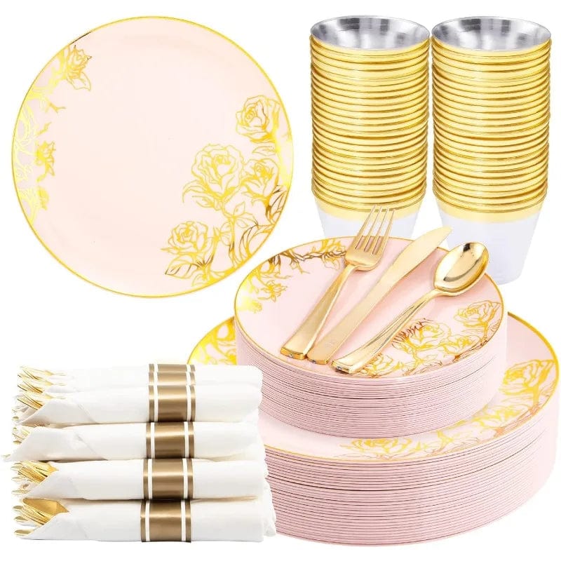 Showlu Fashion Store Pink Gold / United States 30Guest Clear Gold Plastic Plates, Gold Party Plates and Cup and Napkins Set Gold Disposable Dinnerware Include 30 Dinner Plates