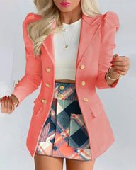  Showlu Fashion Store Pink / L Long Sleeve Suit Jacket Dress Set Spring Fashion Elegant Solid Turn Down Collar Coat Buns Two Piece Sets For Women Outfit 2023