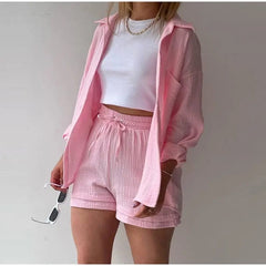 SHOWLU FASHION STORE Pink / L Oversized Shirt Shorts Two Piece Sets Women Summer Cotton Tops With Loose High Waist Shorts Suit 2023 Fashion Streetwear Outfits