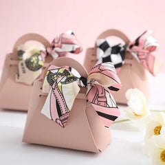 SHOWLU FASHION STORE Pink Leather Gift Bags Bow Ribbon Packaging Bag Wedding Favour Distributions Bags Eid Mubarak Candy Packaging Box Mini Handbag