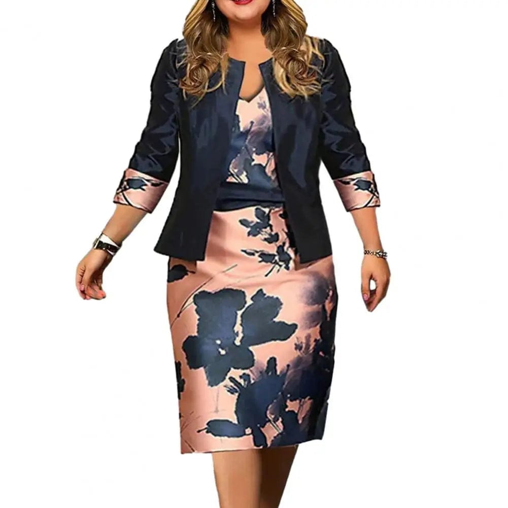 SHOWLU FASHION STORE Pink / M 2 Pcs/Set Women Coat Dress Suits Set Floral Print Sheath Midi Dress Open Stitch Dress Suit Jacket Women Outfit Set