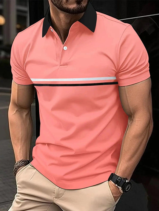 Showlu Fashion Store pink / M Best-selling men's casual Polo shirt spring and summer lapel button splicing men slim golf street wear