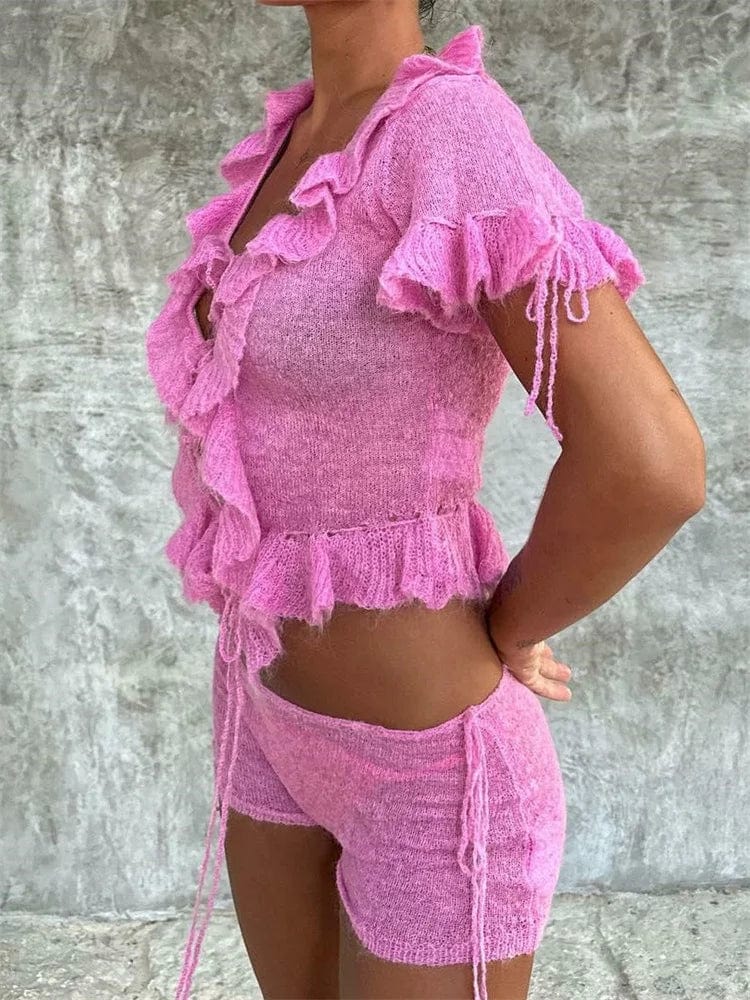 Showlu Fashion Store Pink / M CHRONSTYLE Knitted 2 Pieces Women Suits Ruffles Short Sleeve Front Split Lace-up T-shirts Tops Low Waist Shorts Bottoms Clubwear