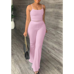  Showlu Fashion Store Pink / M Pant Sets Women 2023 Summer Sexy Spaghetti Strap Crop Top & Loose Flare Pants Suits Casual Simple Solid Two Piece Set Outfits