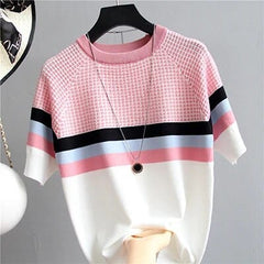 Showlu Fashion Store Pink / One Size shintimes Plaid T-shirt With Stripes Women Tshirt Knitted Loose 2022 Summer Tops Korean T Shirt Woman Clothes Tee Shirt Femme