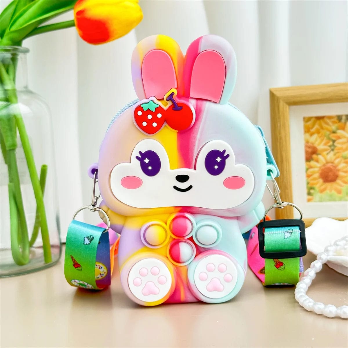  Showlu Fashion Store Pink-Red Girls Silicone Cute Rabbit Messenger Bag Coin Purse Children's Decompression Pop Fidget Toys