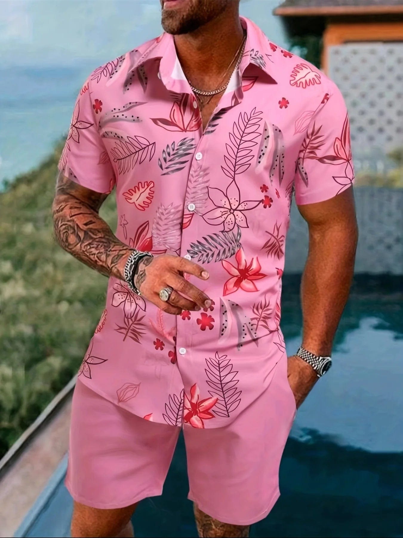 Showlu Fashion Store pink / S 2024 Men Summer Sets Print Lapel Short Sleeve Casual Shirt Beach Shorts Streetwear Vacation Hawaiian Suits Men Cothing