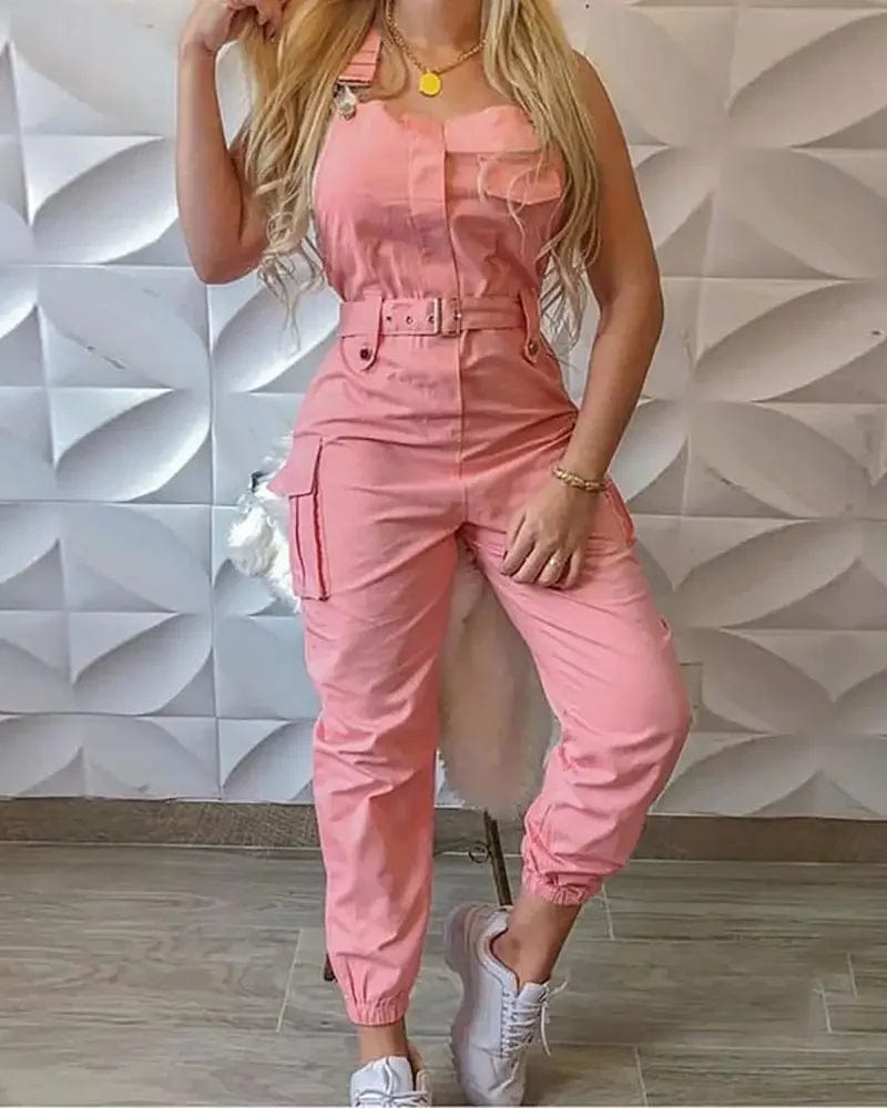  Showlu Fashion Store Pink / S Fashion Strap Jumpsuit Women Loose Dungarees Long Rompers Summer Solid Pockets Cargo Pants Female Casual Work Out Playsuits