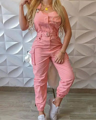  Showlu Fashion Store Pink / S Fashion Strap Jumpsuit Women Loose Dungarees Long Rompers Summer Solid Pockets Cargo Pants Female Casual Work Out Playsuits