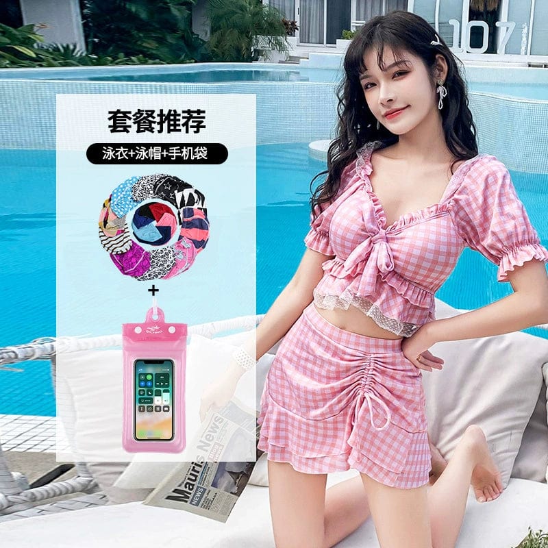  Showlu Fashion Store Pink [swimsuit + swimming cap + mobile phone bag]] / XL [52.50 kg-60.00 kg]] Hot Spring Bathing Swimsuit Female Split Two-Piece Suit Conservative Skirt Boxer Gathering Small Chest Girl Swimsuit Ins Style