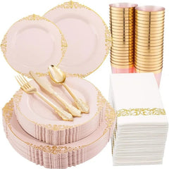 Showlu Fashion Store Pink / United States 175PCS Solid Gold Plastic Plates with Gold Rim，Disposable Silverware Include25 Dinner Plates,25 Dessert Plates, 25 Forks