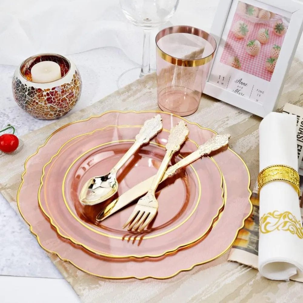  Showlu Fashion Store pink / United States / 210Pcs Disposable Dinnerware Set, 210Pcs Plastic Plates, with Gold Rim& Disposable Plastic Silverware & Cups, Disposable Dinnerware Set