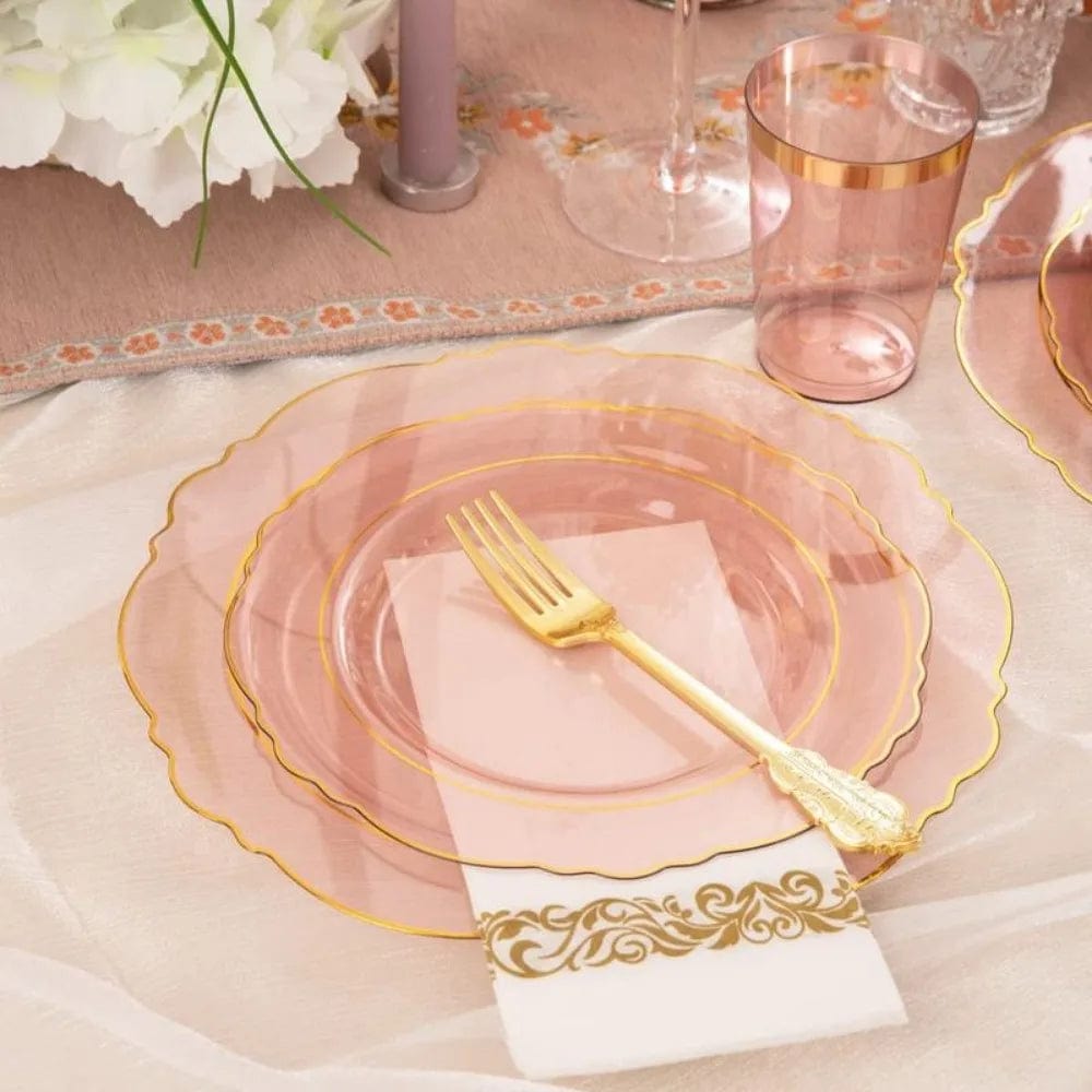  Showlu Fashion Store pink / United States / 210Pcs Disposable Dinnerware Set, 210Pcs Plastic Plates, with Gold Rim& Disposable Plastic Silverware & Cups, Disposable Dinnerware Set