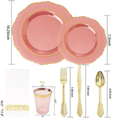  Showlu Fashion Store pink / United States / 210Pcs Disposable Dinnerware Set, 210Pcs Plastic Plates, with Gold Rim& Disposable Plastic Silverware & Cups, Disposable Dinnerware Set