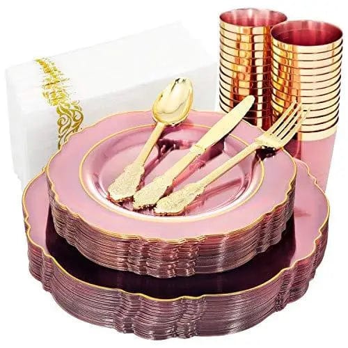  Showlu Fashion Store pink / United States / 210Pcs Disposable Dinnerware Set, 210Pcs Plastic Plates, with Gold Rim& Disposable Plastic Silverware & Cups, Disposable Dinnerware Set