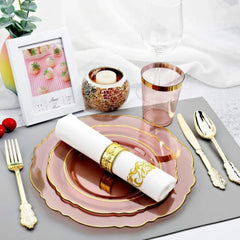  Showlu Fashion Store pink / United States / 210Pcs Disposable Dinnerware Set, 210Pcs Plastic Plates, with Gold Rim& Disposable Plastic Silverware & Cups, Disposable Dinnerware Set