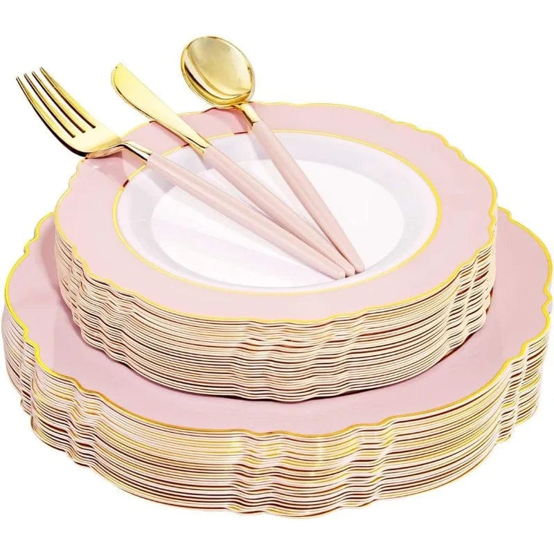 Showlu Fashion Store Pink / United States / 30Guest 30Guest Green Plastic Plates - Gold Plastic Silverware With Green Handle - Christmas Plates Disposable - Baroque Green