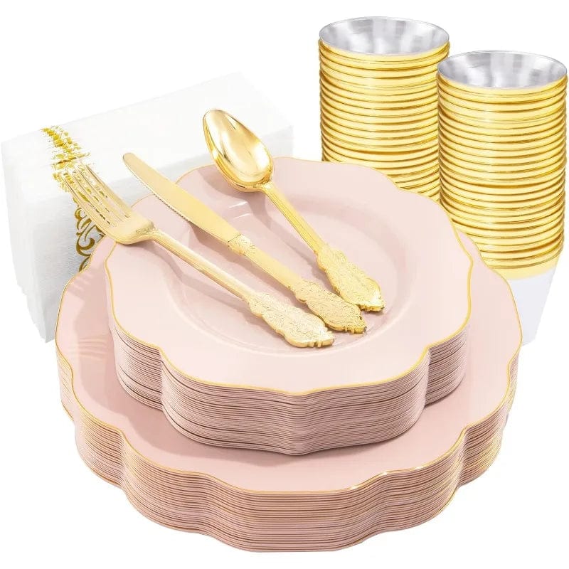 Showlu Fashion Store Pink / United States 350PCS Pink and Gold Plastic Plates - Pink Disposable Plastic Dinnerware Set for 50 Guests Include 50 Dinner Plates