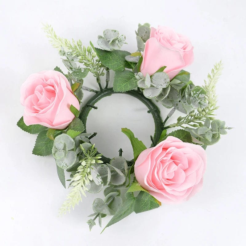  Showlu Fashion Store pink Wedding Candle Holder Artificial Rose Flower Wreath Leaves Candlestick Rings Wedding Party Centerpiece Table Home Decorations