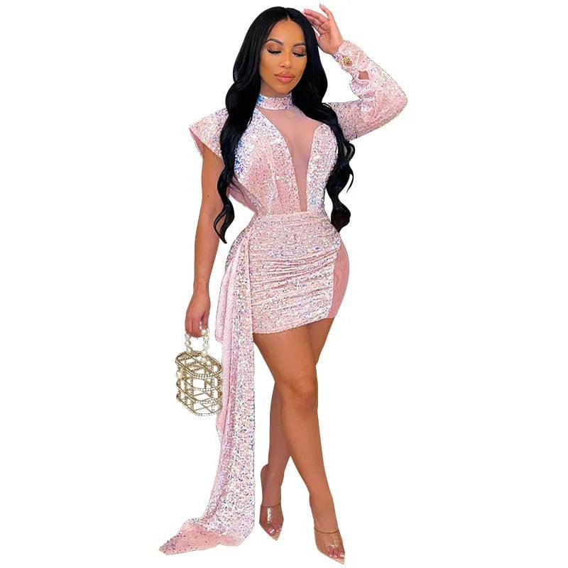 Showlu Fashion Store Pink / XL / CHINA 2022 Women Sequin Mini White Dress Party See Through High Neck Sexy Long Sleeve Bodycon Tail Short Evening Elegant Dresses