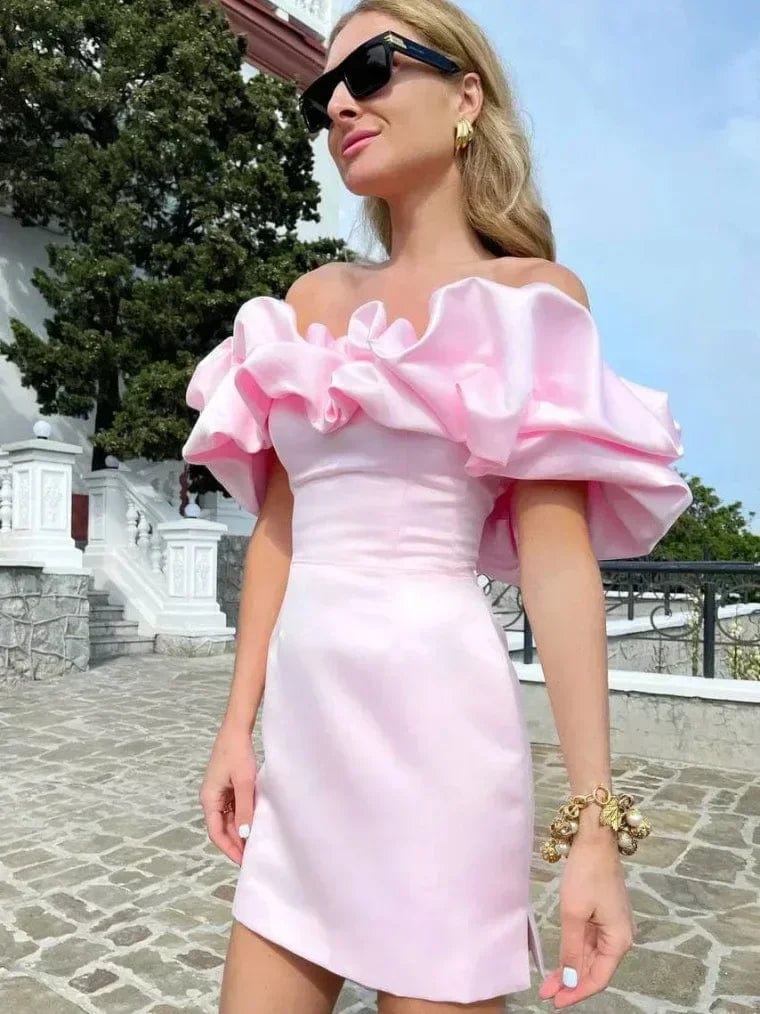 Showlu Fashion Store Pink / XS Women Ruffles Slash Neck Bodycon Package Hip Party Dress Sexy Streetwear Backless Strapless Mini Evening Dresses Y2K